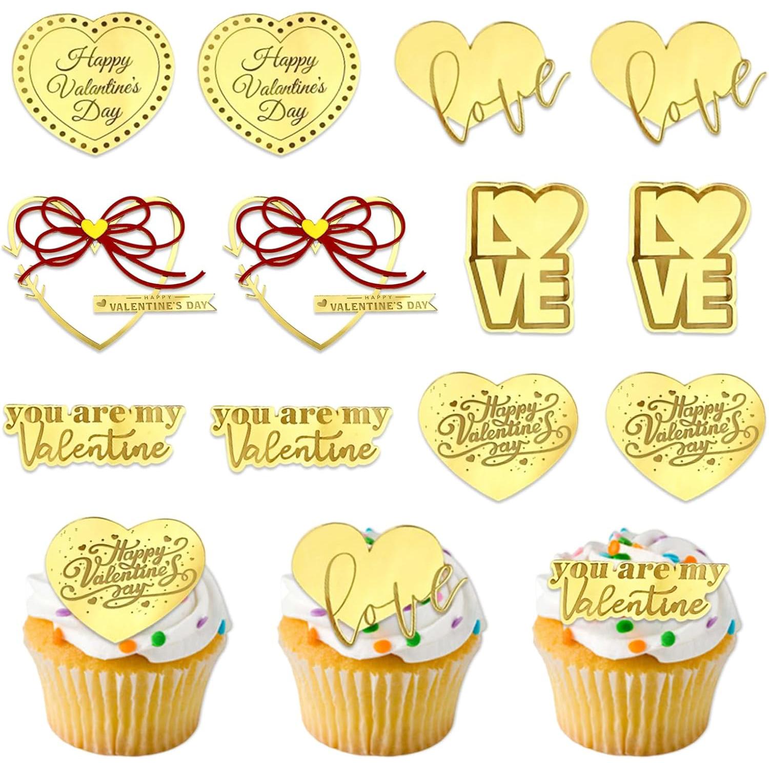

12Pcs Love Heart Cupcake Toppers Valentine s Day Gold Acrylic Cake Decoration or Birthday Anniversary Engagement Wedding Party