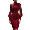 Women's Mesh Sheer Long Sleeve Mini Dress, Ruched Bodycon Mock Neck Party Cocktail Dress, Formal Wedding Guest Evening Gown