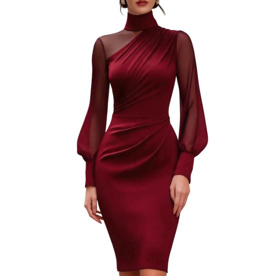 Women s Mesh Sheer Long Sleeve Mini Dress, Ruched Bodycon Mock Neck Party Cocktail Dress, Formal Wedding Guest Evening Gown S