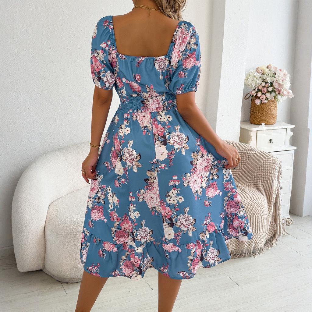 Women's Fashionable Floral Print Off Shoulder Short Sleeved Ruffle Edge Holiday Beach Loose Dress