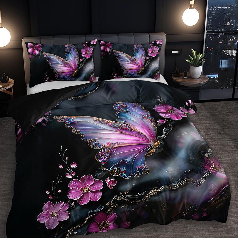 3pcs Butterfly Floral Bedding Set - Elegant Purple Pink Black Golden Duvet Cover Set with Zipper Closure, All-Season