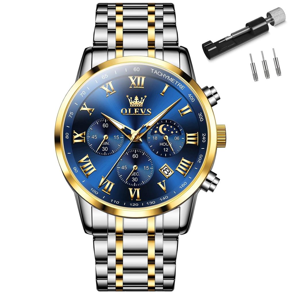 Olevs wristwatch mens silver waterproof analog quartz watch metal band date large dial Roman numerals chronograph Moonwatch