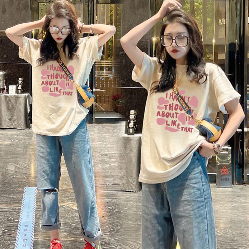 

Pink short-sleeved t-shirt women s crew neck pure cotton loose American retro women s summer dopamine top XXXL