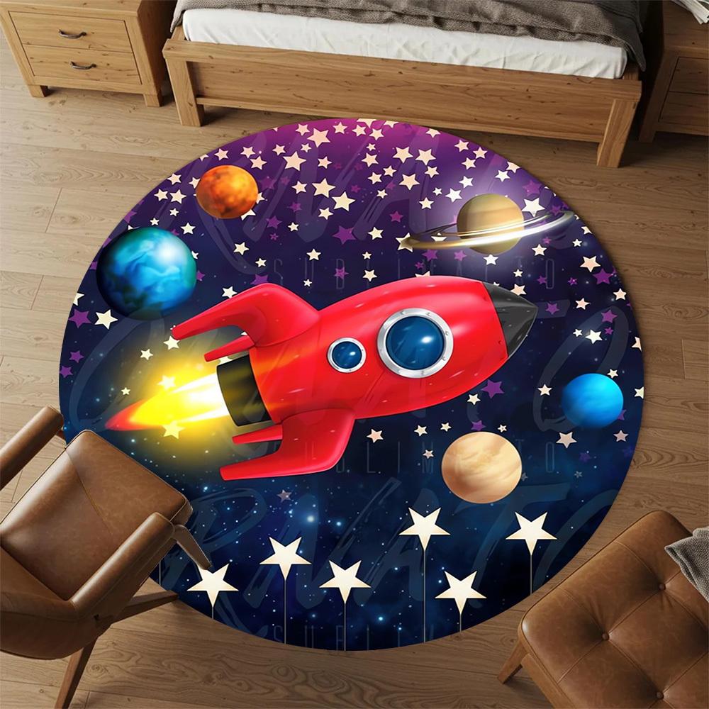1pc Rocket Galaxy Round Chair mat Area Rug - Non-Slip, Floor Mat for Office, Bedroom, home decor Christmas Gift p0811130