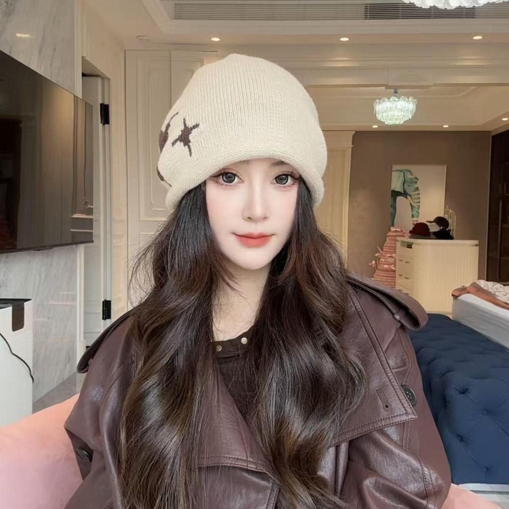 Stacking hat 2025 new crimping drawstring showing face small knitted autumn and winter warm ear protection hat women's cold hat Baotou hat