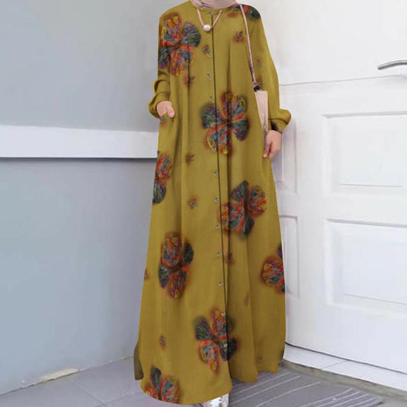 

Хлопковое льняное платье-рубашка с принтом, женское повседневное винтажное платье больших размеров с длинным рукавом и длинным рукавом XL