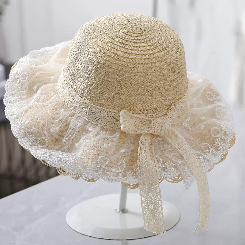 Children's Summer Sun Straw Hat Sunshade Little Girl Princess Lace Hat Big Brim with Rope Parent-child Hat Bag