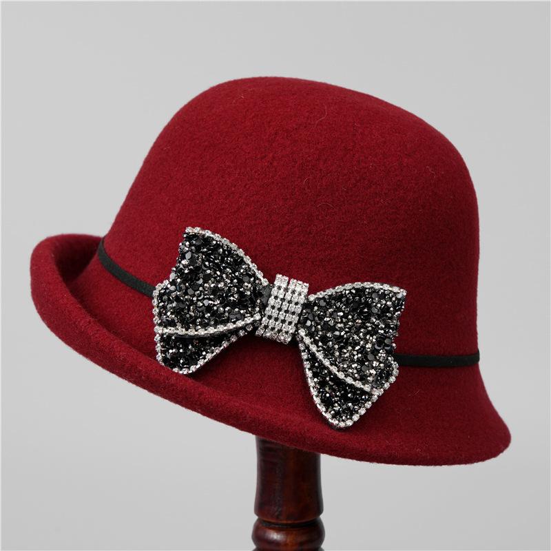 

Autumn and winter woolen top hat women rhinestone bow socialite small brim retro basin hat fashion bucket hat M（56-58cm）