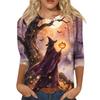Women's Fashion Casual Halloween Print 3/4 Sleeve T-Shirt with Round Neck