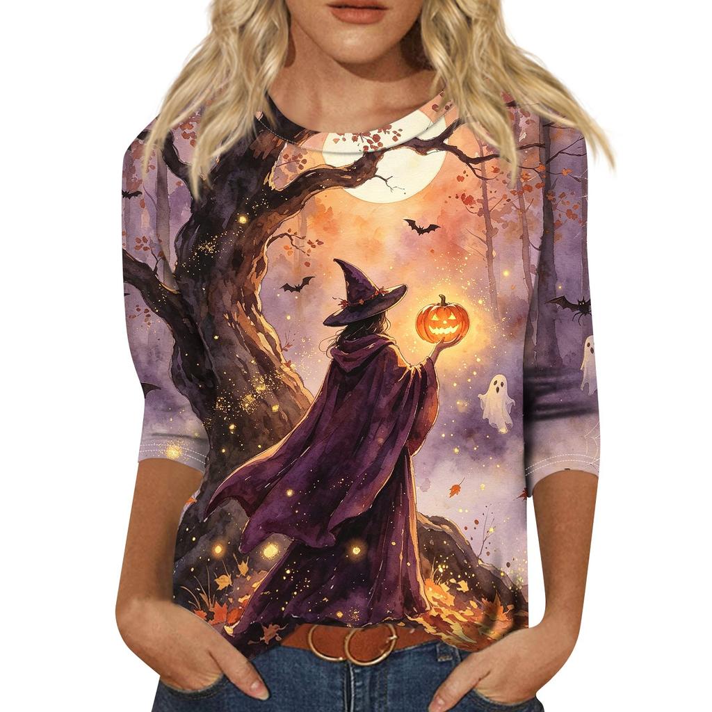 Women's Fashion Casual Halloween Print 3/4 Sleeve T-Shirt with Round Neck