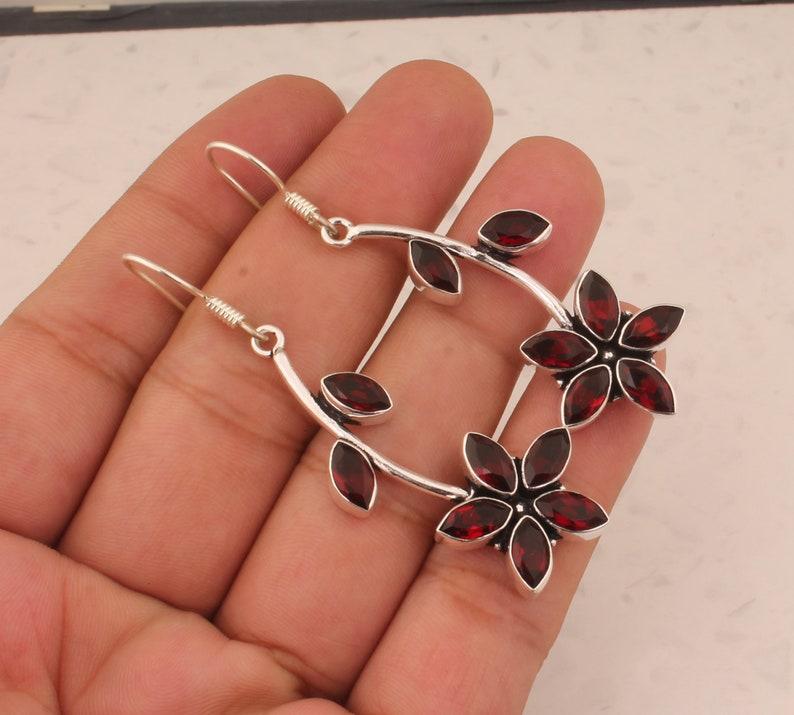 Solid 925 Sterling Silver Garnet Gemstone Handmade Boho Designer Lond Dangle Earring Jewelry Gift For her