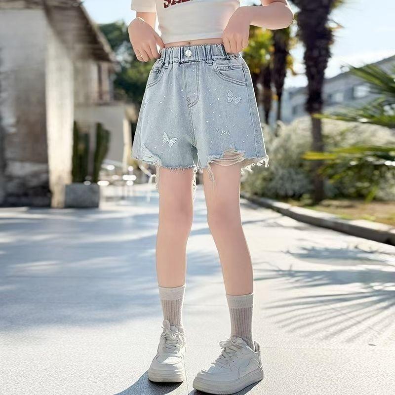 Girls' Denim Pant Stamping Shorts Children's Trendy Perforated Shorts Fashionable Summer Clothing Trend