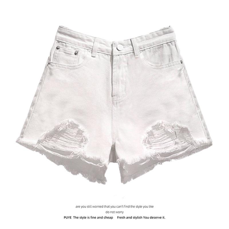 Classic and Minimalist Fashion Versatile Broken Holes Female Summer High Waist Thin Thin Section Loose A-line Denim Shorts Individuality Trendiness