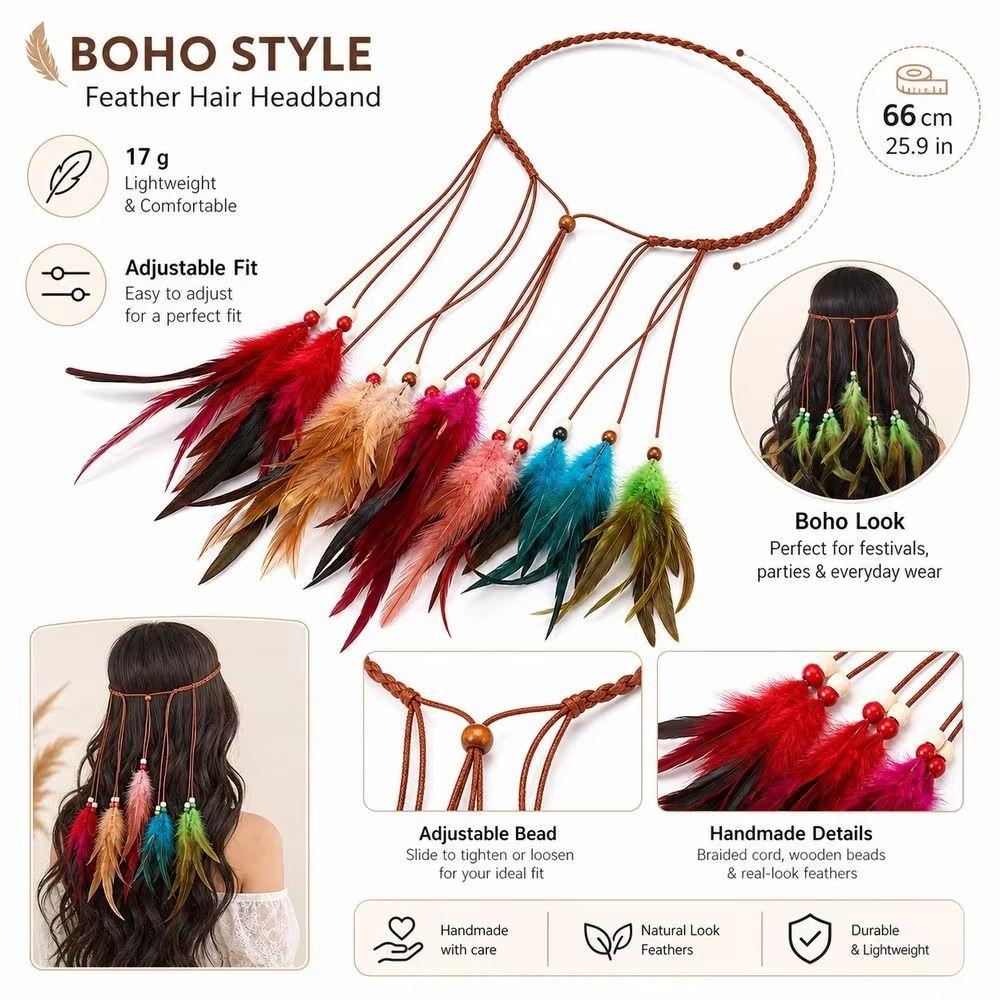 Braided Cord Bohemian Tassel Headband Tribal Feather Hair Extensions  Western Cowgirl Outfit