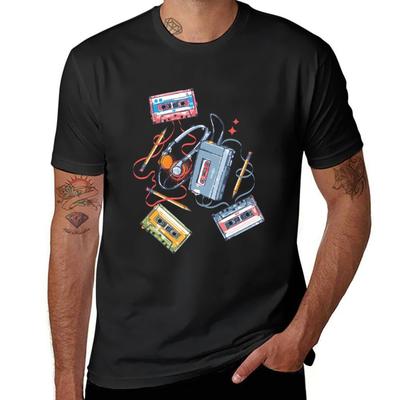 Retro Walkman and Cassette Tapes Pencil Pattern T-Shirt Anime Blacks Sweat Plain Men's T-shirts