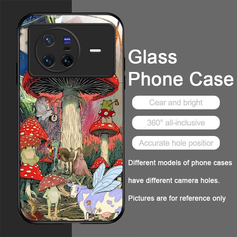 Creative Personality Mushroom Pattern Tempered Glass Phone Case for OPPO Reno 13 F 12 11 10 Pro Plus Find X8 X3 Lite A58 Covers