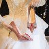 Fashion Rimocy Red Shiny Sequins Thin Heel Pumps Women 2025 Fashion Crystal Bow Wedding Party Shoes Woman Bling High Heeled Bridal Shoes