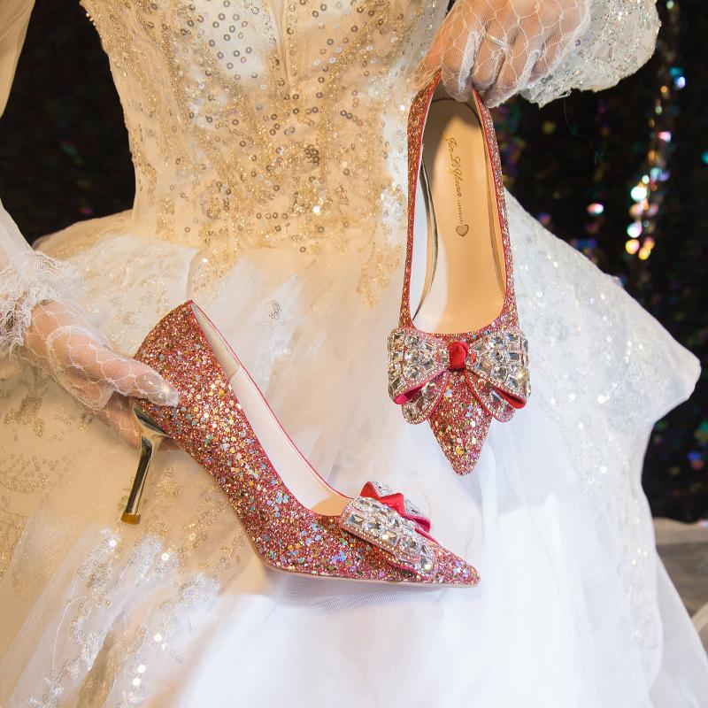 Rimocy Red Shiny Sequins Thin Heel Pumps Women 2025 Fashion Crystal Bow Wedding Party Shoes Woman Bling High Heeled Bridal Shoes