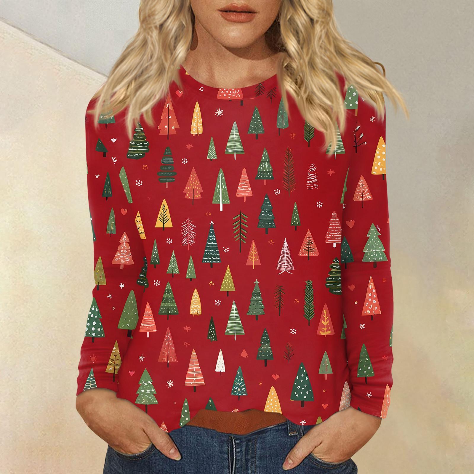 

Женская мода повседневный рождественский принт круглый вырез длинный рукав пуловер топ XXL красный
