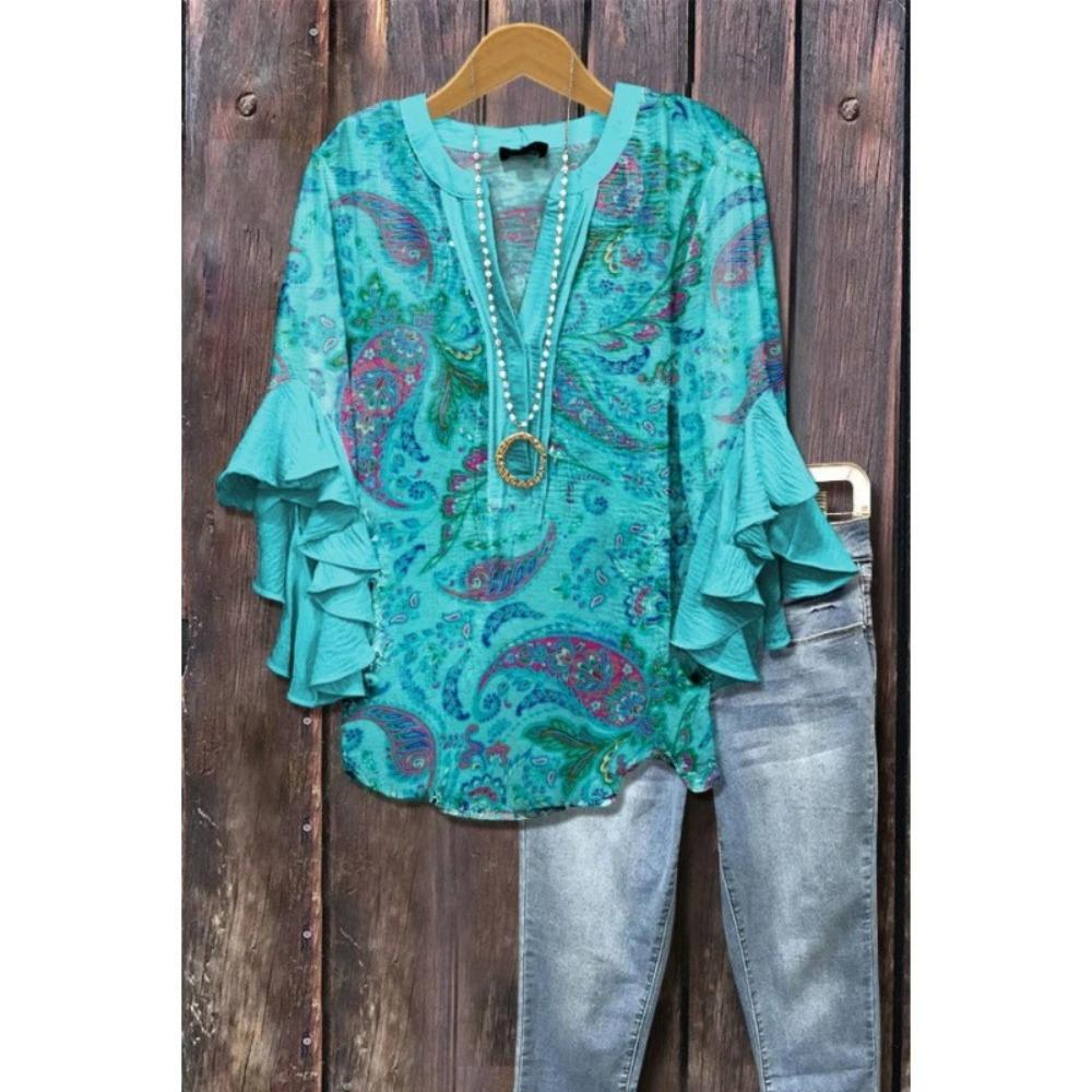 Large Women's Bohemian V-neck Shirt with Ruffle Sleeves, Grey Brown Floral Print Top, Casual Breathable Machine Washable Pullover