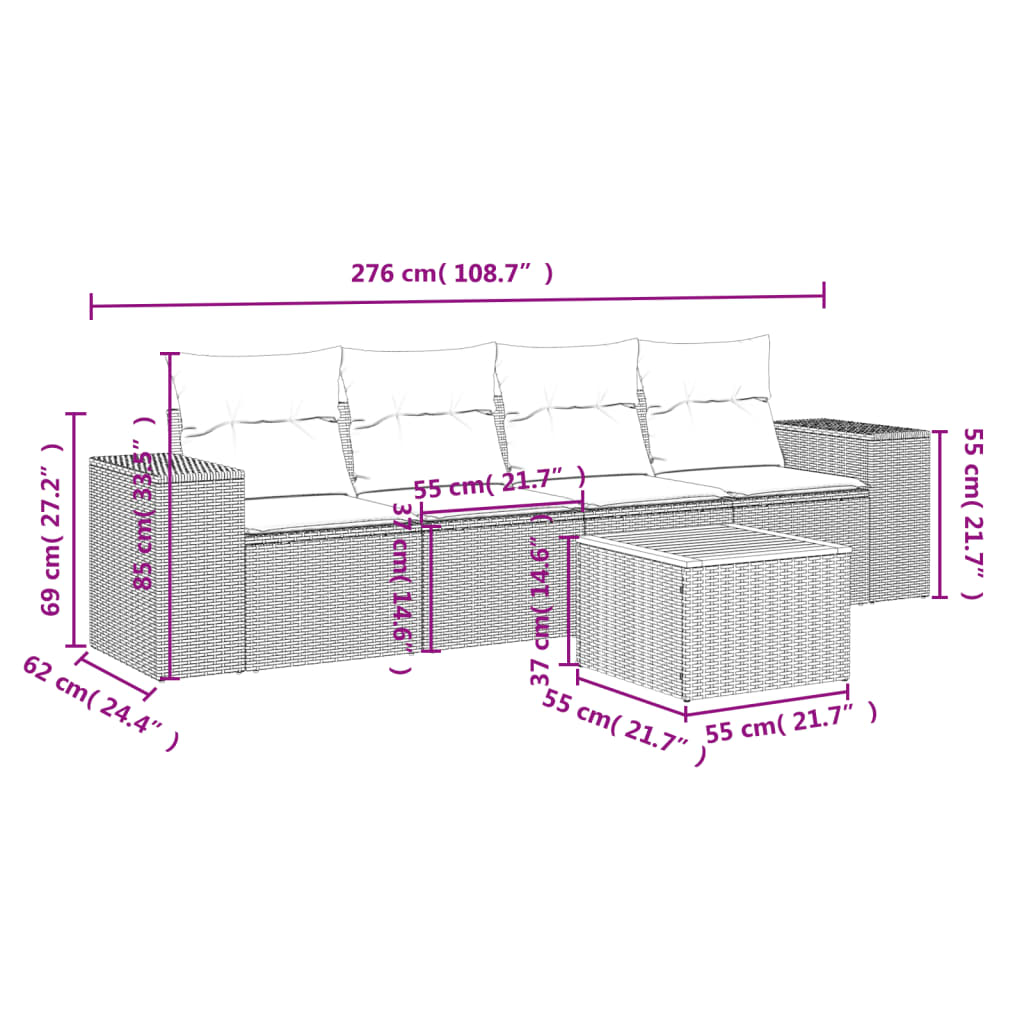 Vidaxl 5-Cz. Garden Lounge Set, Cushions, Grey PE Rattan