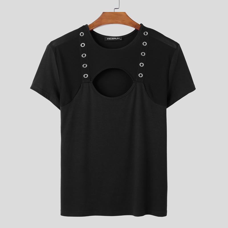 INCERUN Sommer Herren Kurzarm Mesh Transparent Patchwork Ausgeschnitten Skinny T-Shirts