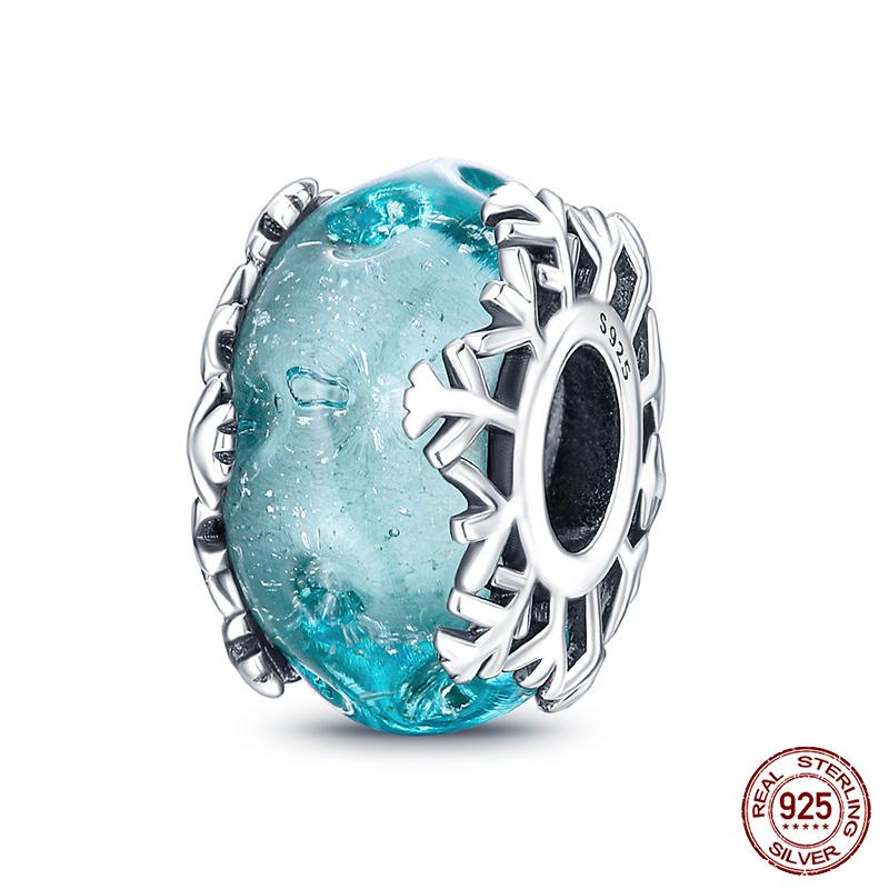 925 Sterling Silver Blue Ocean Flower Feather Luminous Glass Charms Fashion Beads Fit Brand 3mm Original Bracelets DIY Jewelry