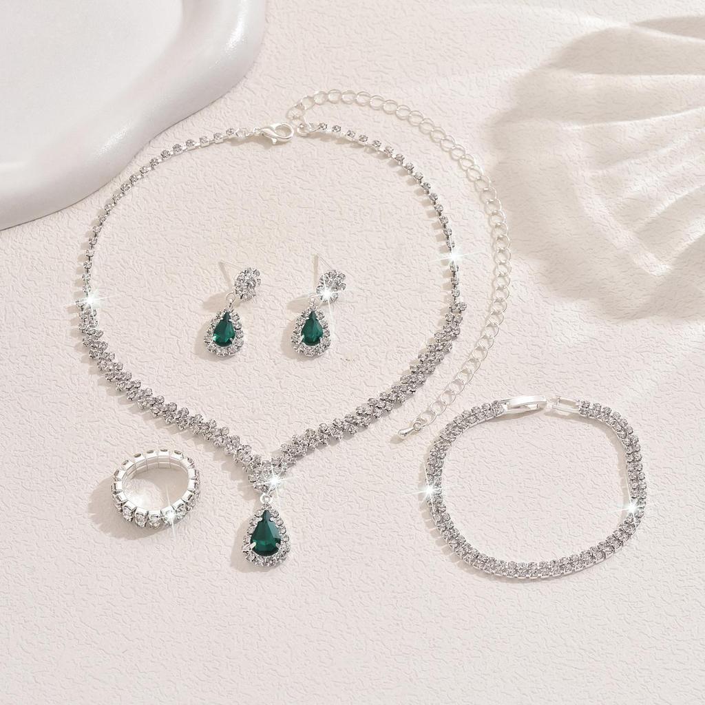 European-American Bridal Jewelry Set: Necklace, Bracelet, Ring, Zircon Earrings - Perfect for Weddings and Evening Dresses
