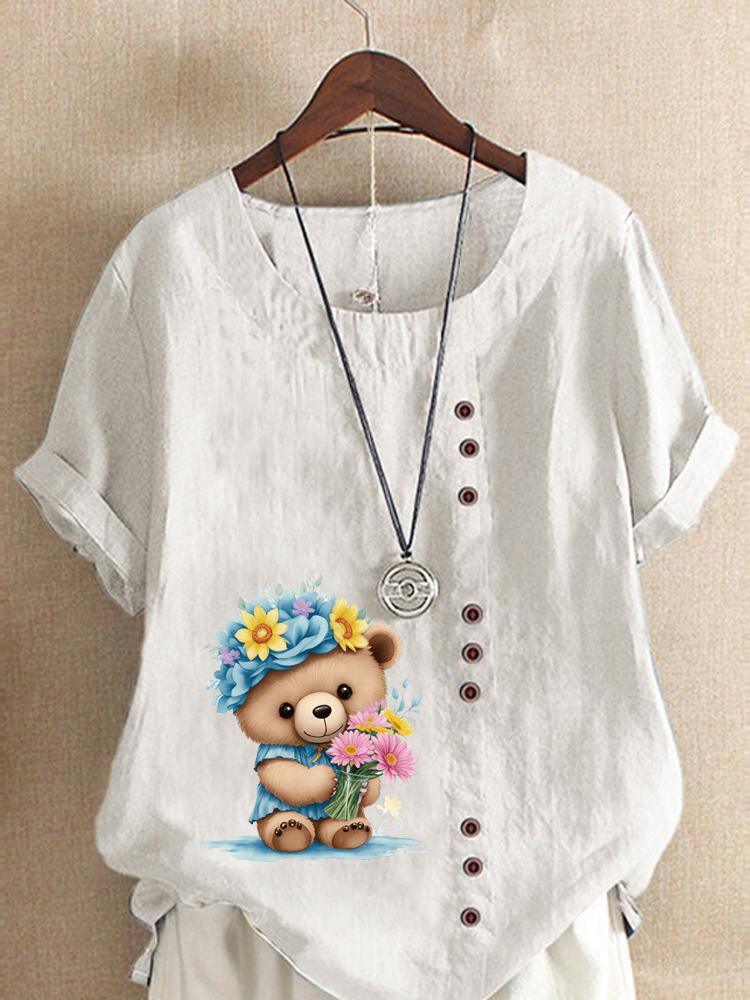 Women's Fashion Flower Bear Print Casual Cotton Linen Short Sleeve Round Neck T-shirt Shirt Leisure Loose Summer Blouse Tops