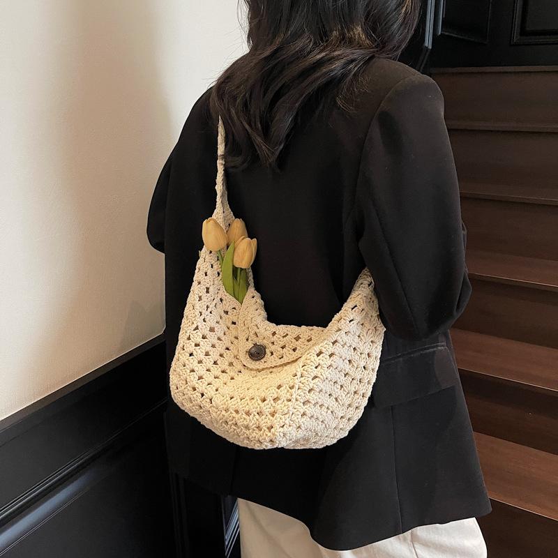 Lazy Wind Knitted Hollow Woven Bag Niche Design Seaside Vacation Leisure Dumplings Shoulder Bag Messenger Bag