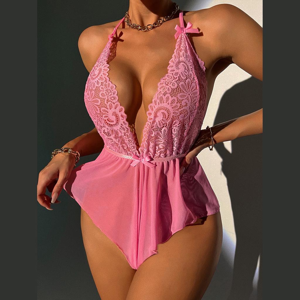 Erotic Lingerie For Woman Lace Transparent Bra Set Sexy Costume Deep V Open Bra Crotchless Bodysuit Female Tulle Sheer Underwear