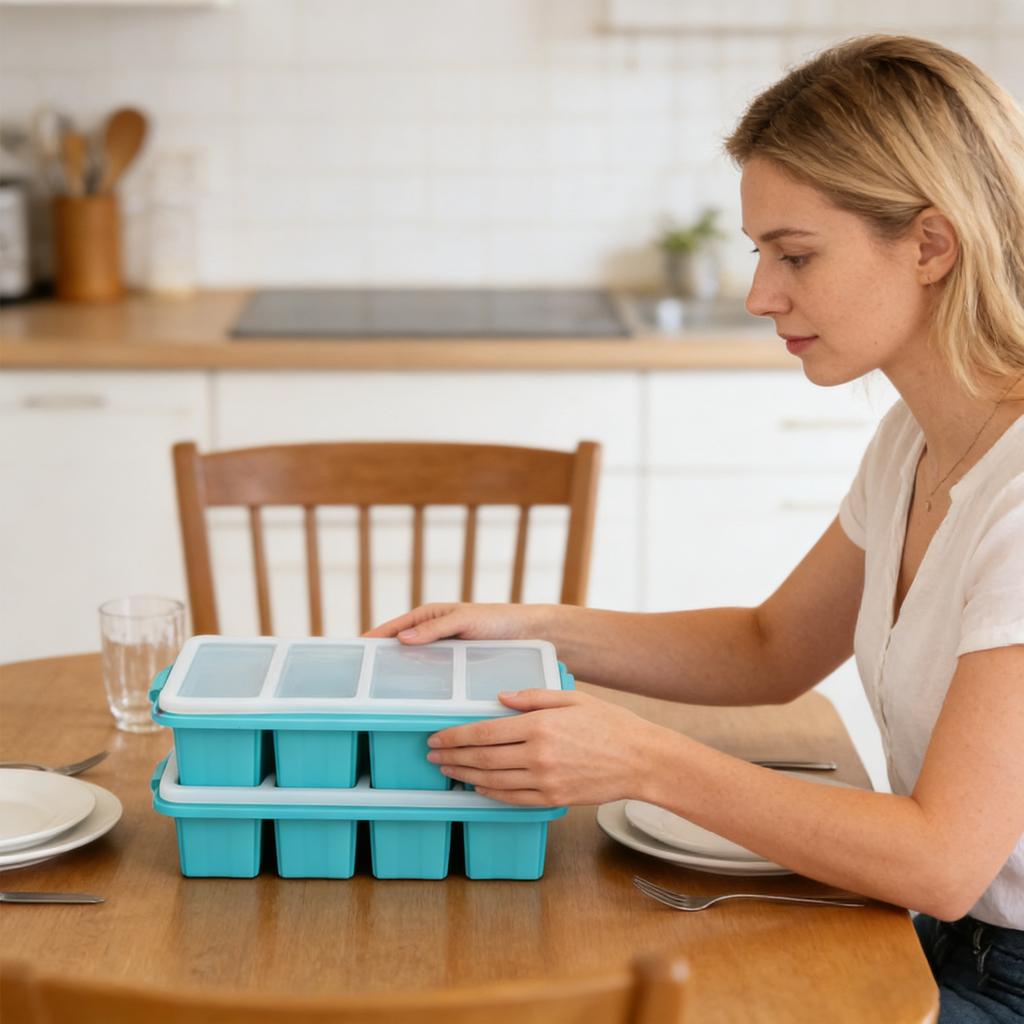 Silikon-Suppenform, 4-Fächer-Eiswürfelform, Haushalts-Lebensmittelaufbewahrungsbox mit Deckel, Stapelbar, Geeignet zum Einfrieren von Suppenbasen und zur Essensvorbereitung.