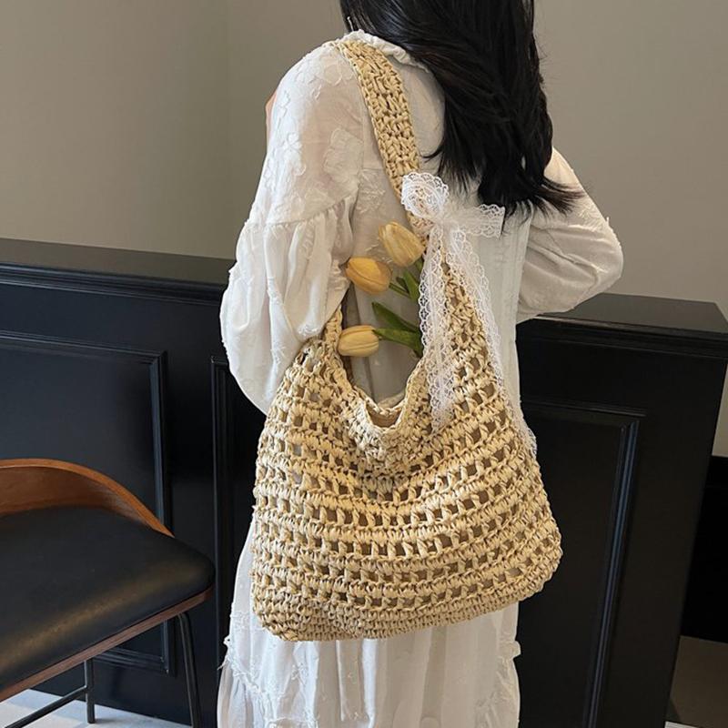 Fashion Crochet Straw Bag for Women Raffia Woven Tote Handbag New Hollow Clutch Beach Bag for Vacation Casual Totes CLE