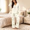 Women's Casual V-Neck Printed Pajama Set with Loose Fit Top and Pants for Sleep and