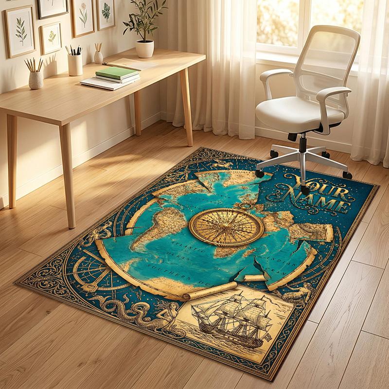 Vintage Compass Theme Soft Crystal Velvet Rug Custom Name & Text Print Non Slip Floor Rug for Bedroom Living Room
