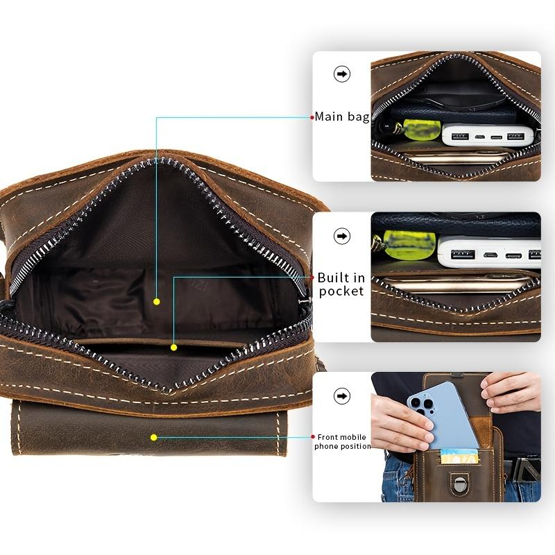 LAOSHIZI Men's Multi-functional Large-capacity Shoulder Bag, Leather Material Retro Casual Multi-functional Waist Bag, Top Layer Cowhide Casual Bag