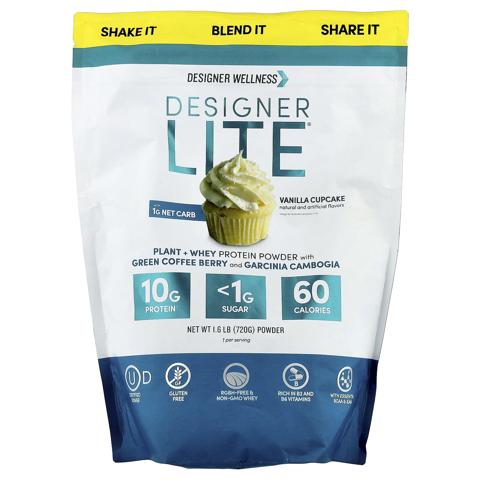 

Designer Wellness, Designer Lite®, Plant-Based + Whey Protein Powder, Vanilla Cupcake, 720g (1.6lb)