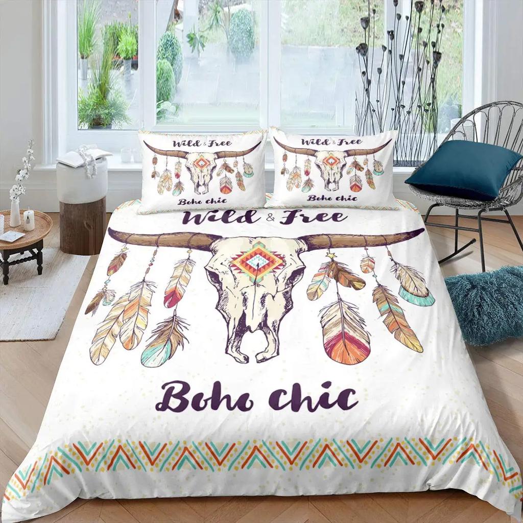 Bull Skull Duvet Cover Chic Feather Bedding Bohemian Exotic Branches Flower for Kids Teens Women Men Room Decoration Quilt Cover