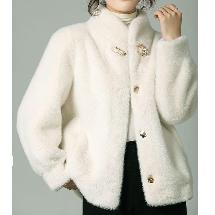 

Куртка из искусственного меха норки для матерей среднего и пожилого возраста, утолщенное новое пальто осенне-зимней моды со стойкой 3XL recommends 160-87.5 kg белый