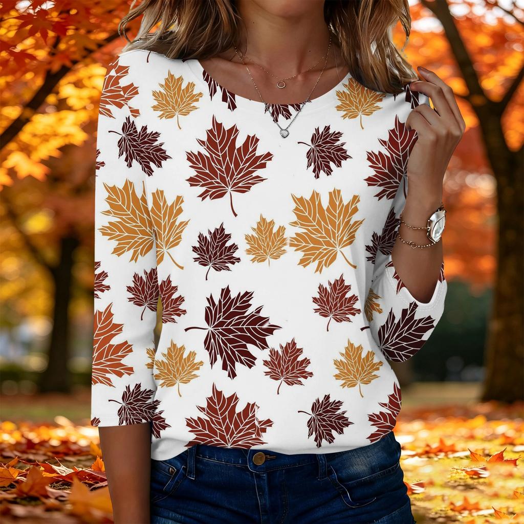 Women's Casual 3/4 Sleeve Printed Top - Maple Leaf Pattern Round Neck Blouse for Fall