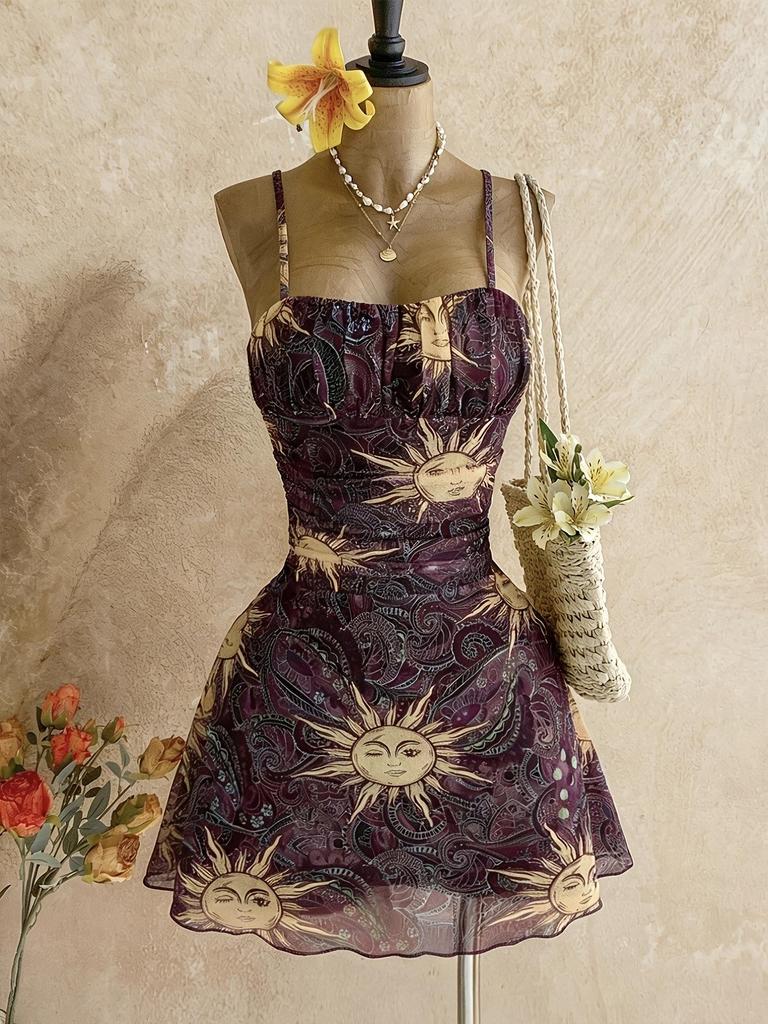2025 Spring/Summer Floral Print Spaghetti Strap Dress: Waist-Cinching, Sexy Vacation Style for Women