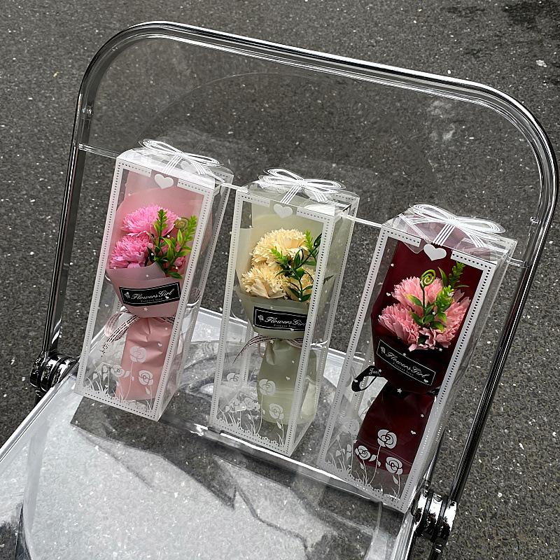 Artificial Carnation Floral Gift Box - Delicate Flower Arrangement In The Clear Plastic Box with Ribbon Decoration