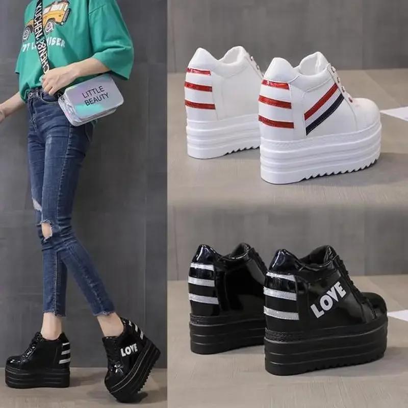 Fashion 12CM Women Wedge Casual Shoes Zipper Height Increasing Breathable Women Autumn Platform Sneakers Walking Flat Trainers Shoes