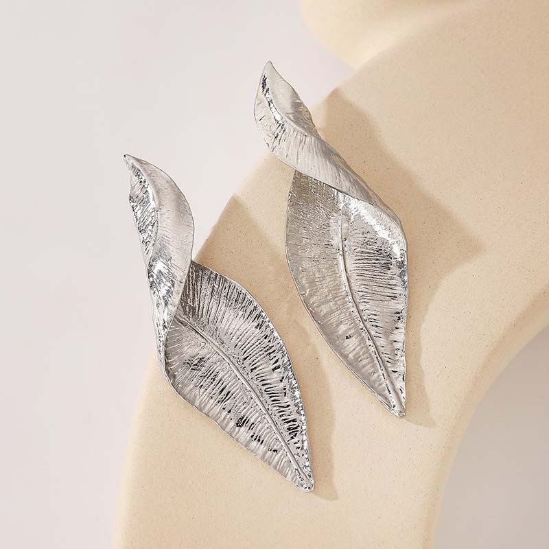Europe and America Style Metal Large Leaf Drop Earrings for Women Vintage Texture Gold Silver Color Stud Earring Holiday Jewelry