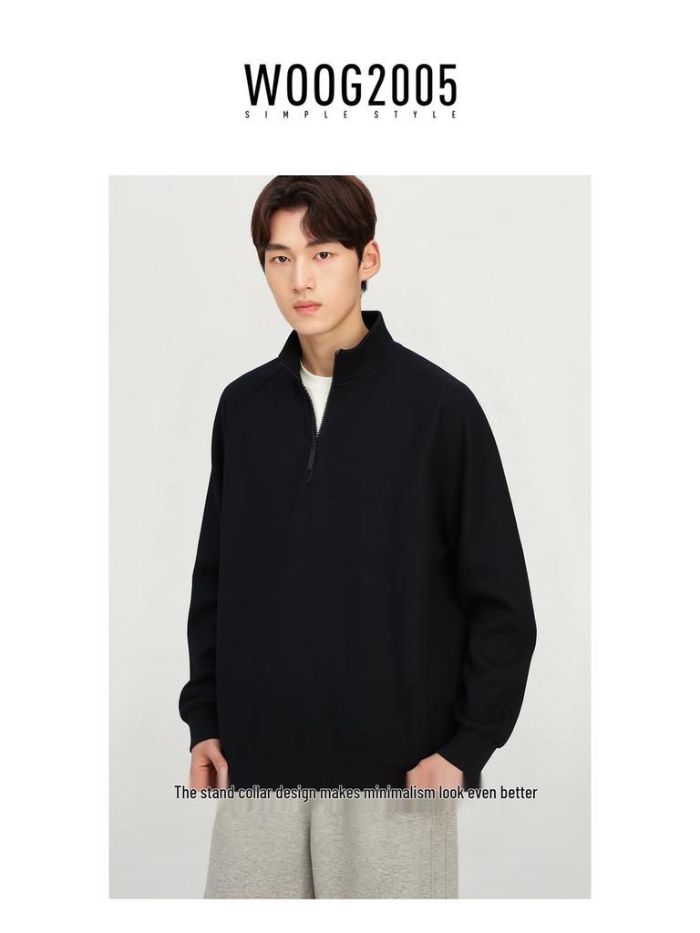 Men's 2025 Winter Black Fleece-Lined Half-Zip Stand Collar Sweatshirt
