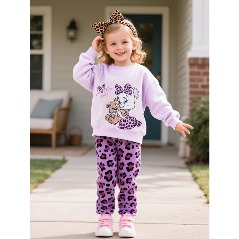 Girl's Autumn and Winter Cute Bunny Bear Printed Long Sleeved Shirt+leopard Print Pants Two-piece Set, a Gift for Children, Perfect for Outdoor