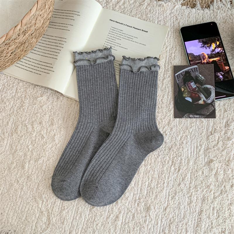 Grey College-style Striped Fabric Label Women's Mid-calf Socks Autumn and Winter Cotton Socks Trendy and Individualistic Long Calf Socks