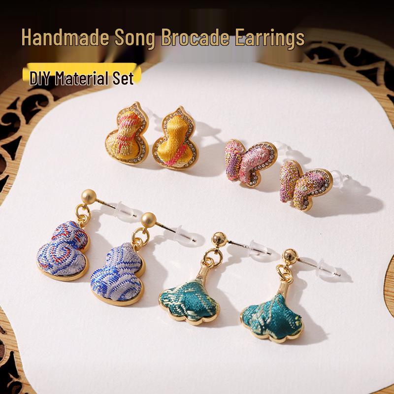 DIY Handmade Brocade Dangle Earrings Kit with 925 Silver Needles - New Chinese Style Gift Set