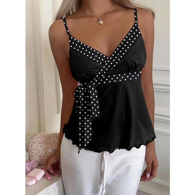 Spring and Summer V-neck Belled Crop Top with Waistband and Flowing Edges - A Slimming Sleeveless Top with Straps