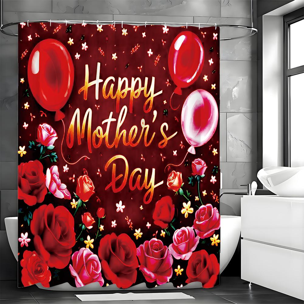 Mother's Day Red Floral Rose Balloon Shower Curtain, Bathroom Decorative Shower Curtain, Waterproof Shower Curtain with Hooks